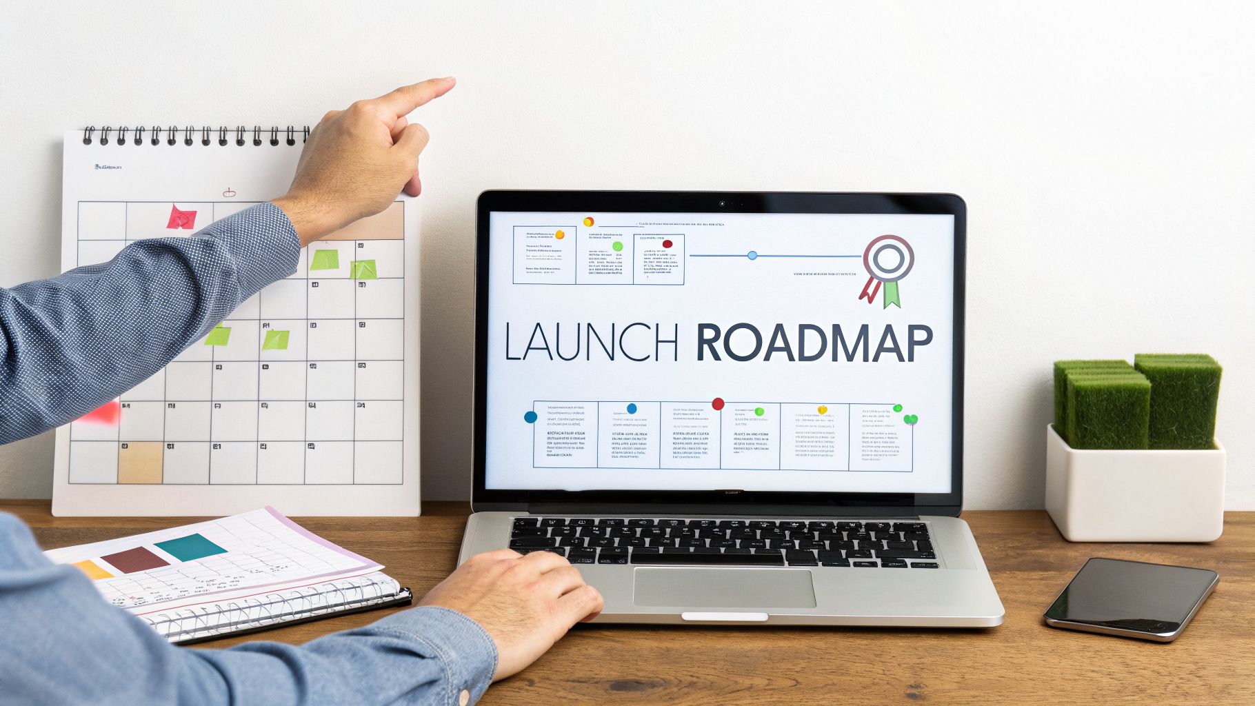Hands pointing at a calendar and typing on a laptop displaying a launch roadmap for project planning.